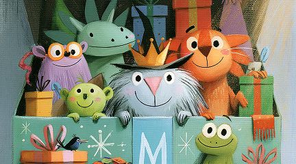A group of cheerful cartoon creatures, including a fuzzy gray monster wearing a crown, an orange cat, a purple monster with glasses, and two green frog-like characters, peeking out of a teal gift box surrounded by wrapped presents.