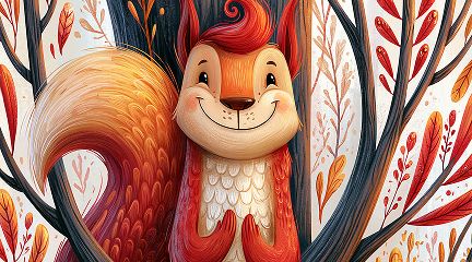 A cheerful illustrated red squirrel with a large bushy tail, smiling among tree branches and autumn leaves.