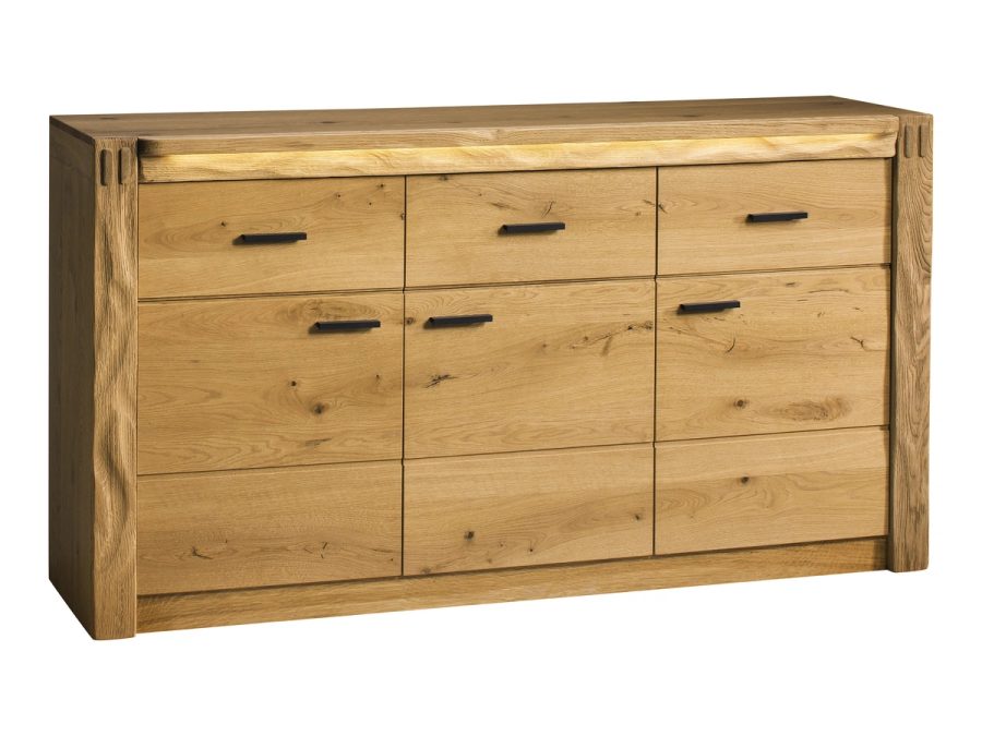Komoda Flinstone F-K3 z trzema szufladami i szafkami, rustykalny dąb, ujęcie produktowe, Taranko.