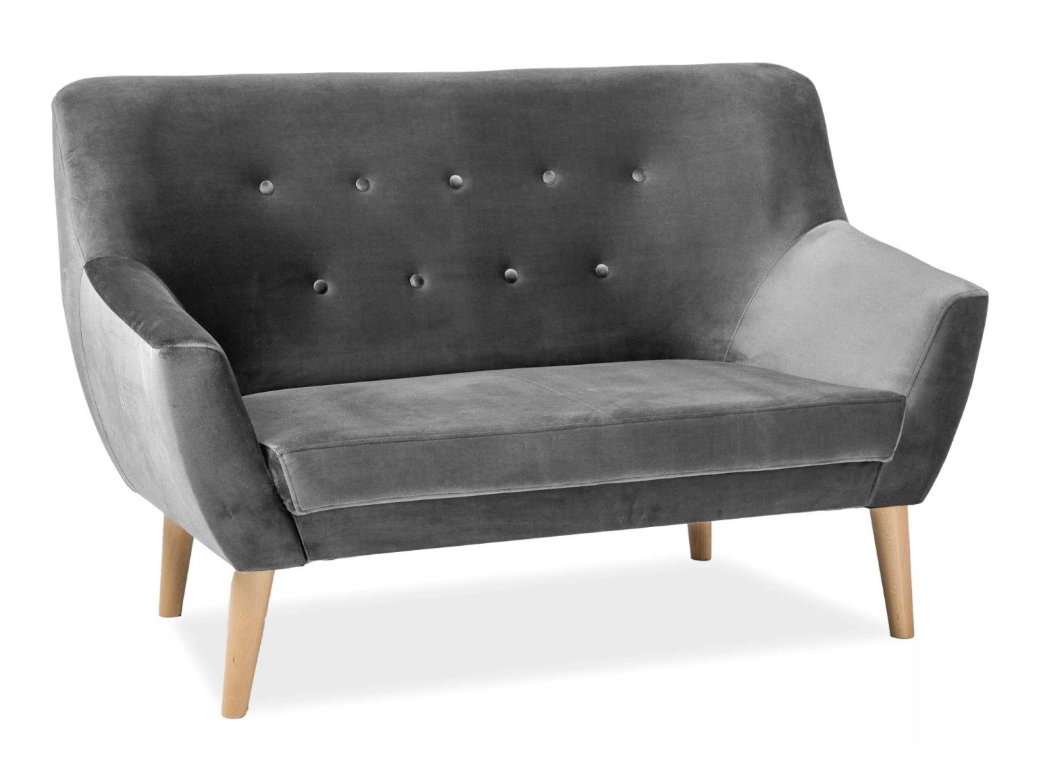 Szara sofa Nordic 2 Velvet marki Signal z guzikowanym oparciem, na bukowych nogach