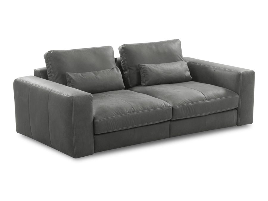 Grafitowa skórzana sofa Cozzy z poduszkami, widok z ukosa