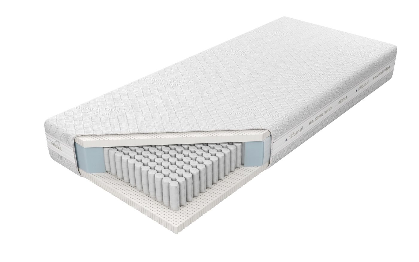 Przekrój materaca kieszeniowego Venus Talalay Natural marki M&K Foam z warstwami naturalnego lateksu po obu stronach sprężyn.
