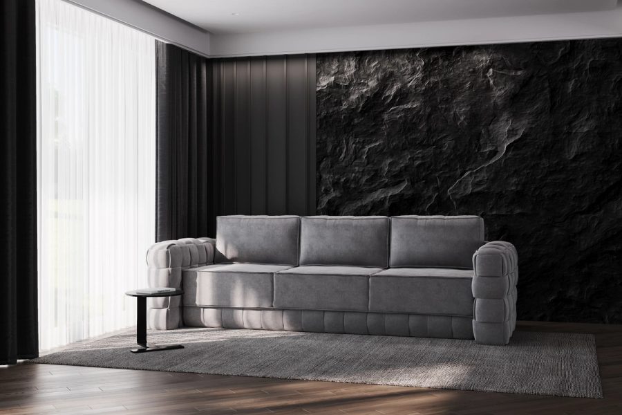 Sofa Grande w szarej tkaninie boucle z plecionym wzorem w aranżacji salonu