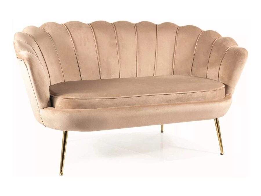 Beżowa sofa Camellia 2 Velvet marki Signal z oparciem muszla, na złotych nogach