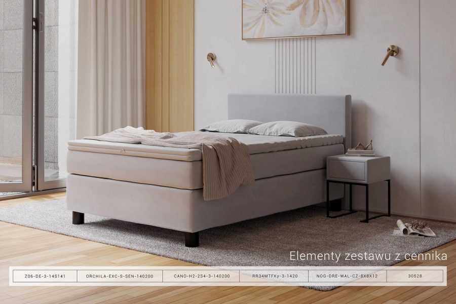 Rama kontynentalna RR34MTFKy 140x200 w jasnoszarej tkaninie w przykładowym zestawie z zagłówkiem i materacem M&K Foam