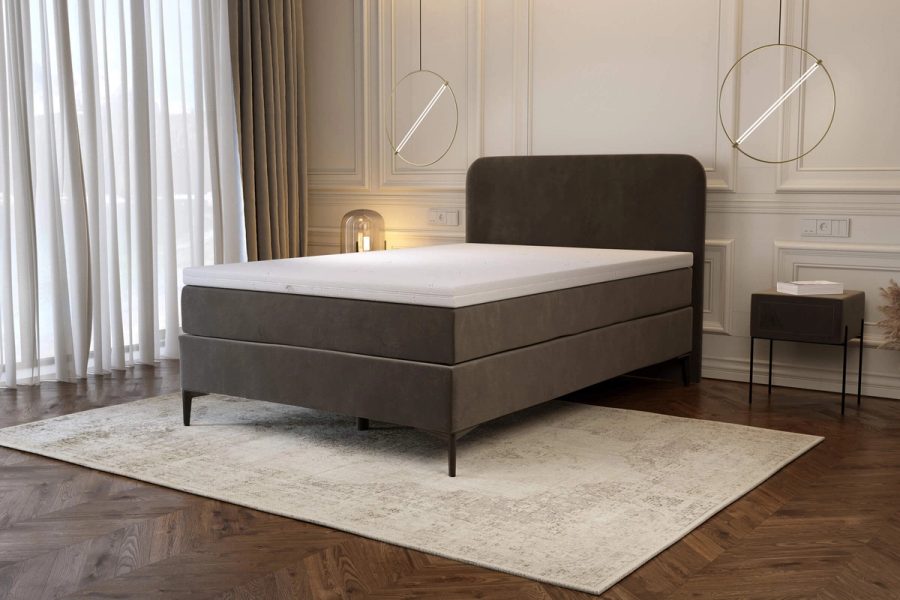 Rama kontynentalna BTFK22y 140x200 w beżowej tkaninie w przykładowym zestawie z zagłówkiem i materacem M&K Foam