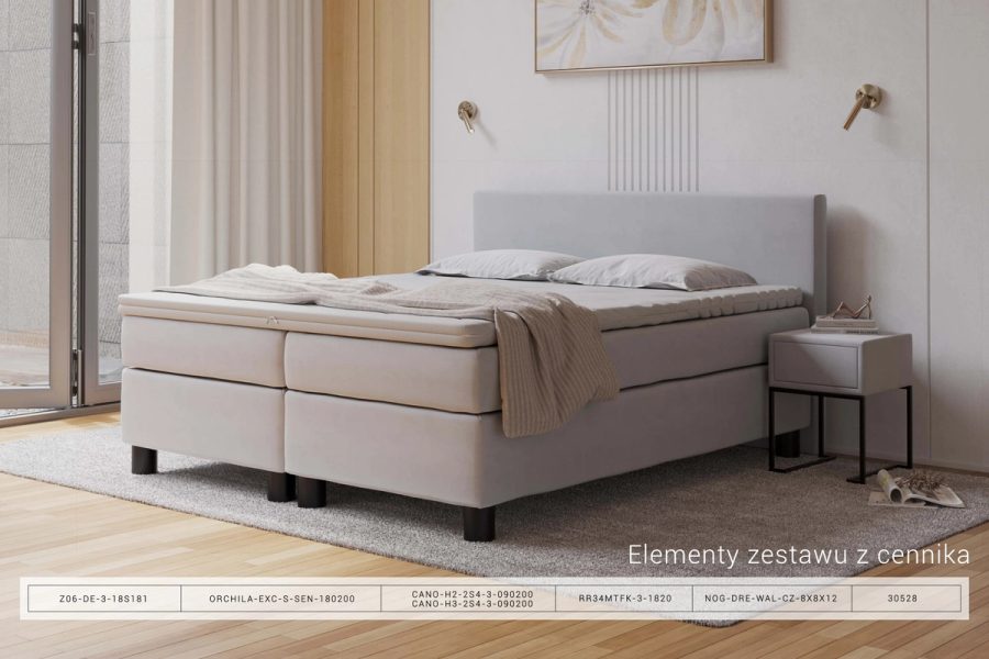 Rama kontynentalna RR34MTFK w jasnoszarej tkaninie w przykładowym zestawie z zagłówkiem i materacem M&K Foam