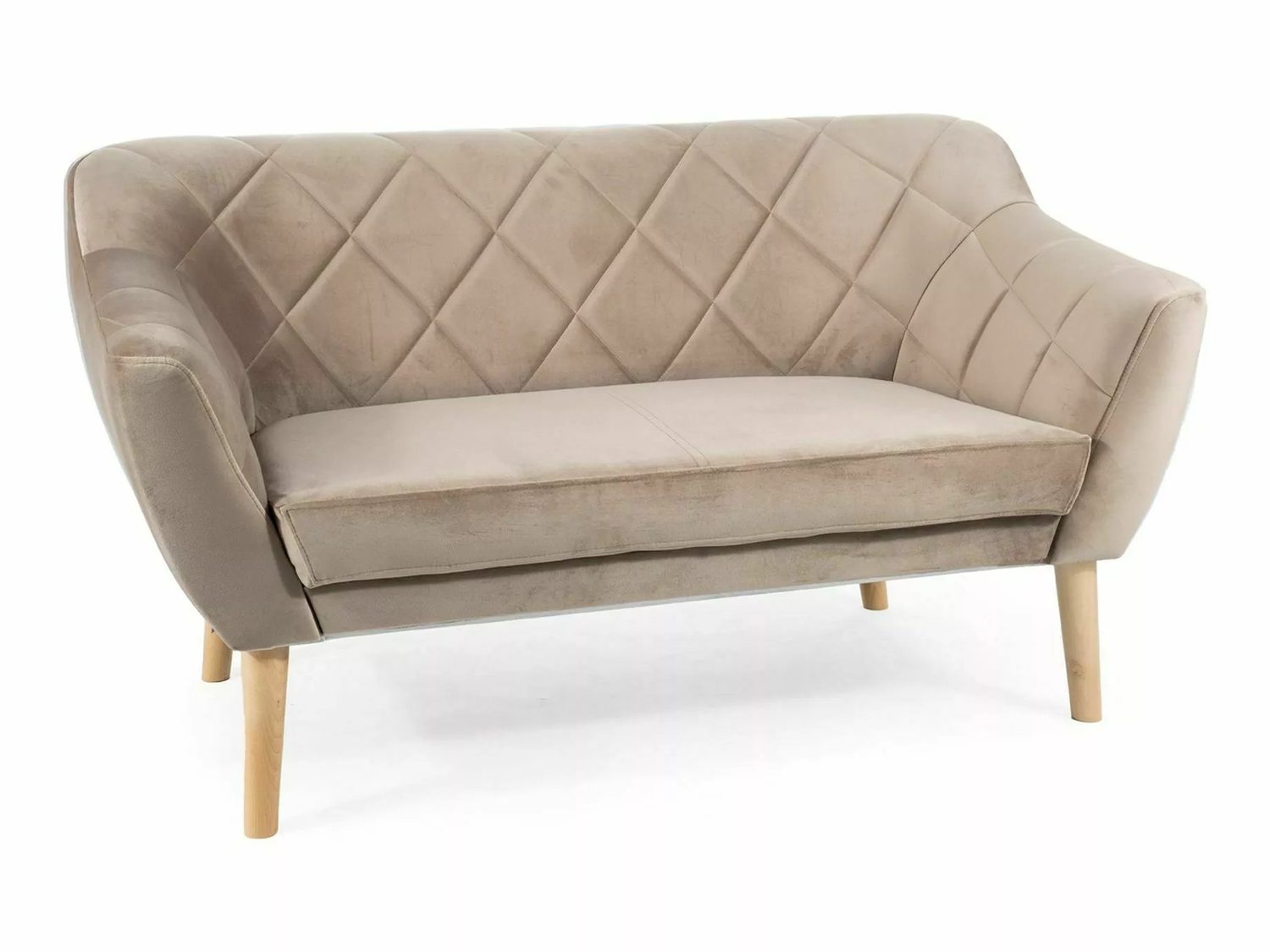 Sofa Karo Velvet marki Signal w ciemnobeżowym aksamicie z pikowaniem w karo, na bukowych nogach