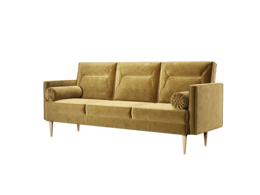 Sofa Loft 3 w musztardowym welurze, widok od frontu