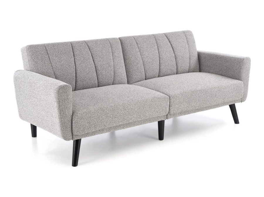 Popielata sofa Larix marki Halmar na czarnych drewnianych nóżkach, widok z ukosa