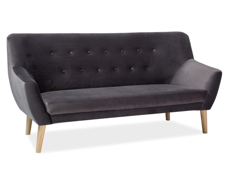 Szara sofa Nordic 3 Velvet marki Signal z guzikowanym oparciem, na bukowych nogach