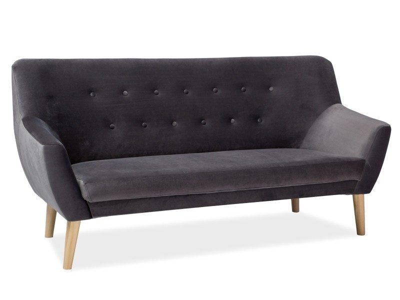 Szara sofa Nordic 3 Velvet marki Signal z guzikowanym oparciem, na bukowych nogach