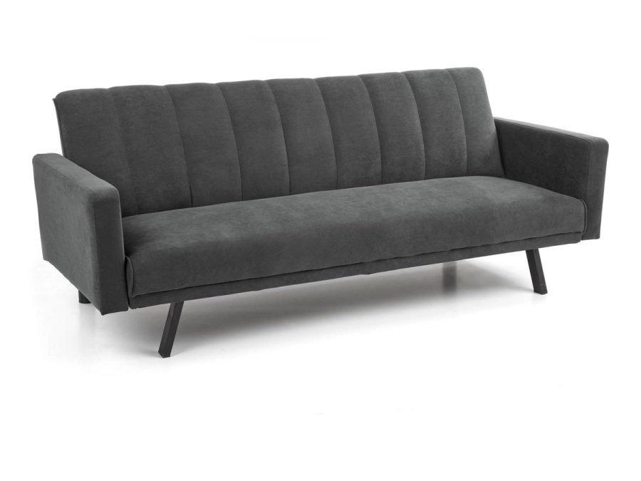 Popielata welurowa sofa Armando marki Halmar na skośnych metalowych nogach, widok z ukosa