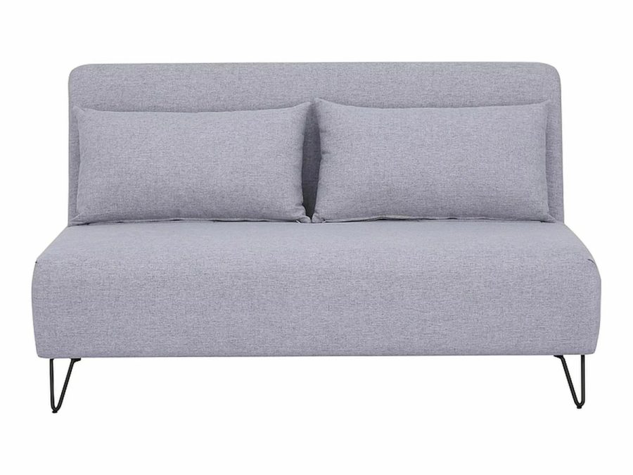 Szara sofa rozkładana Zenia marki Signal z dwiema poduszkami, widok od frontu