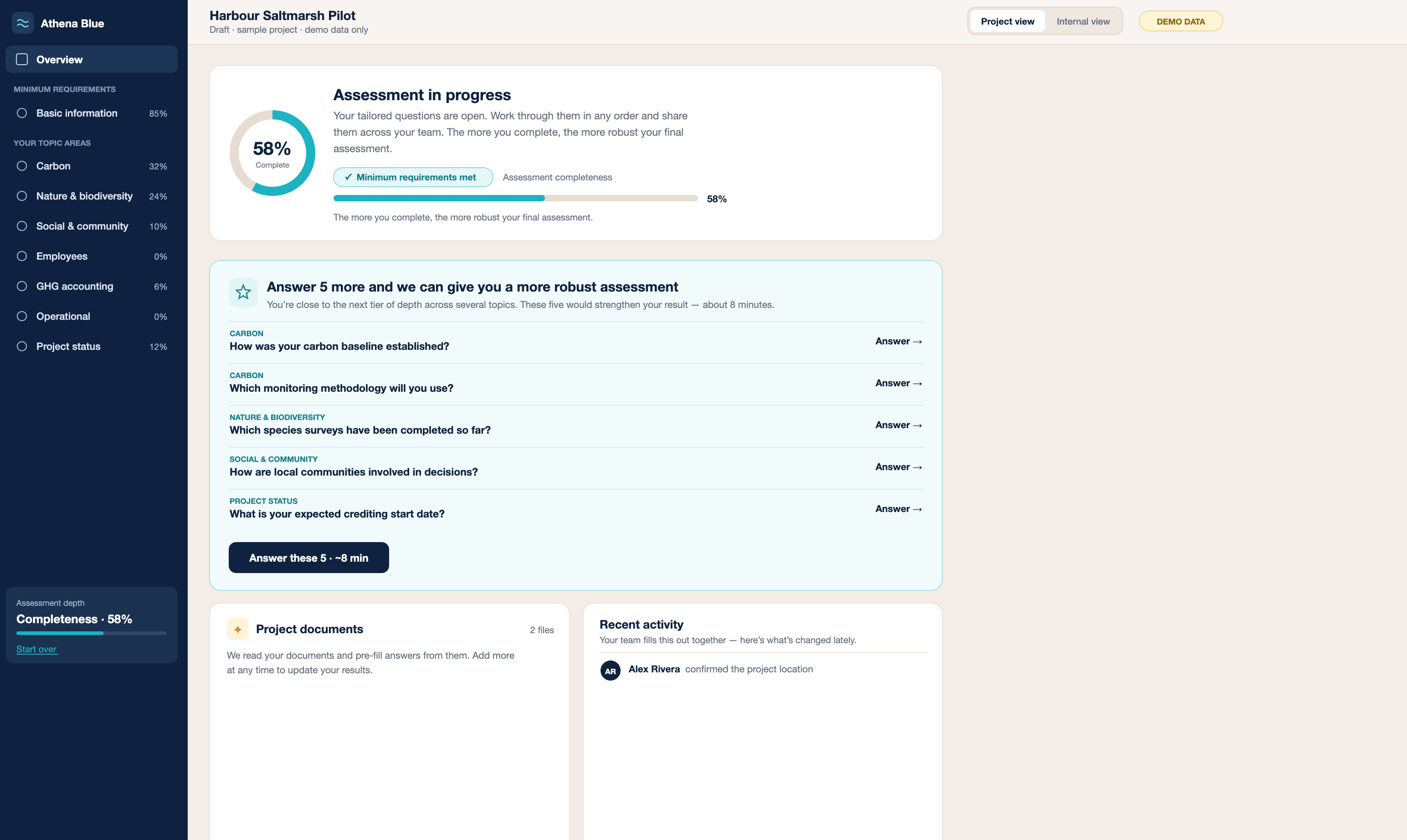 Athena Blue assessment dashboard
