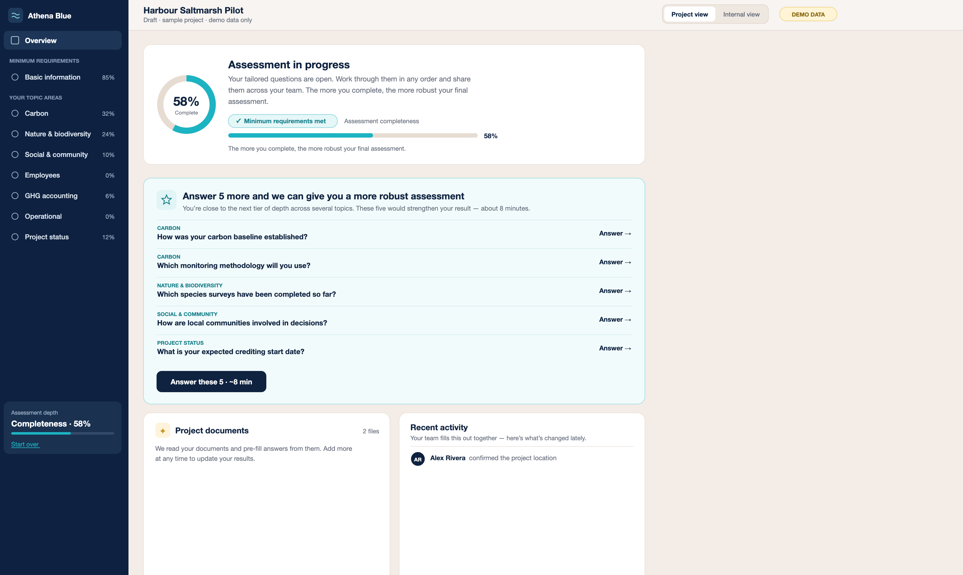 Athena Blue assessment dashboard