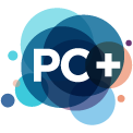 PC plus logo with blue bubbles around it 