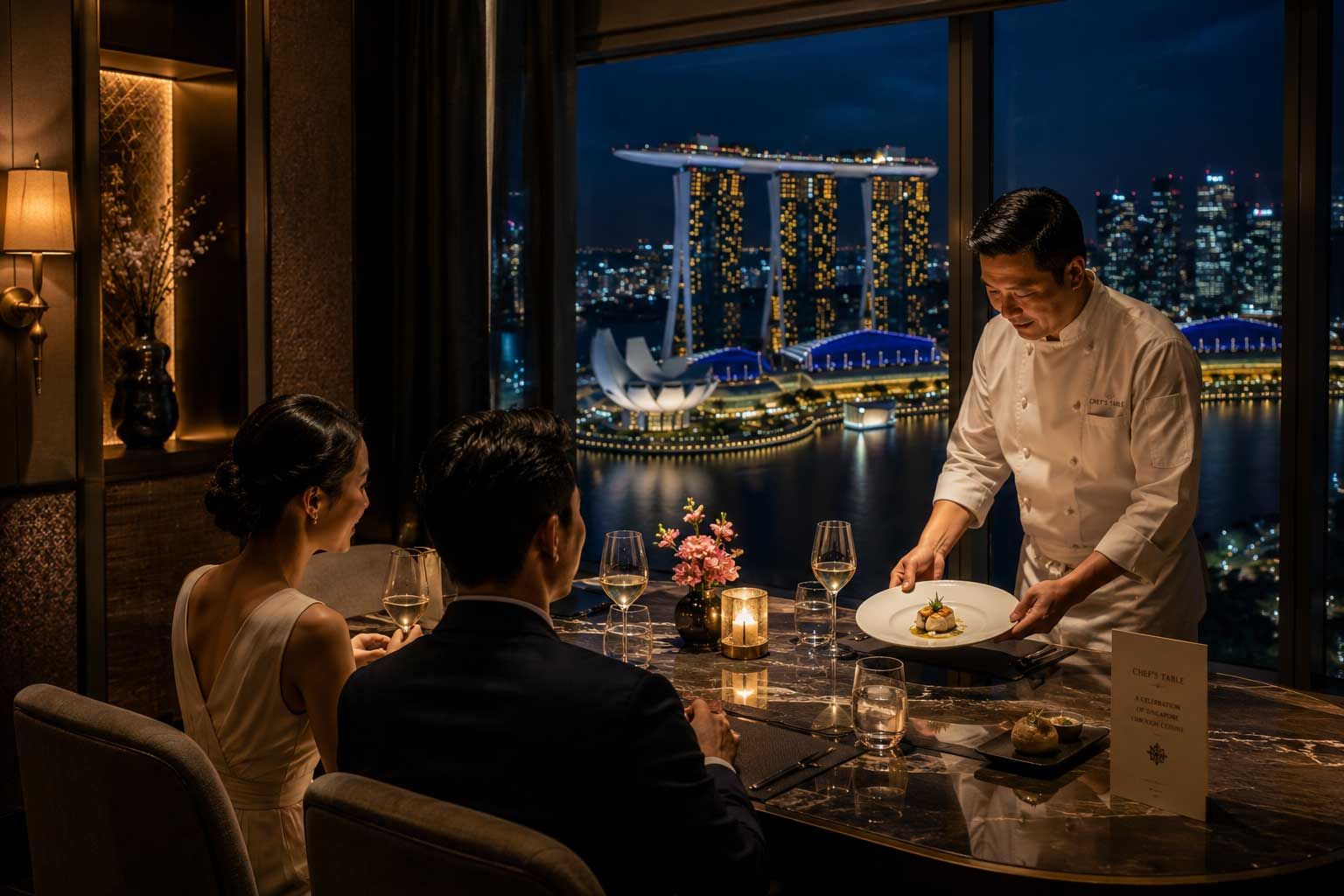 Private chef’s table experience overlooking Marina Bay, where guests enjoy a personalised Singapore-inspired tasting menu in an intimate setting.