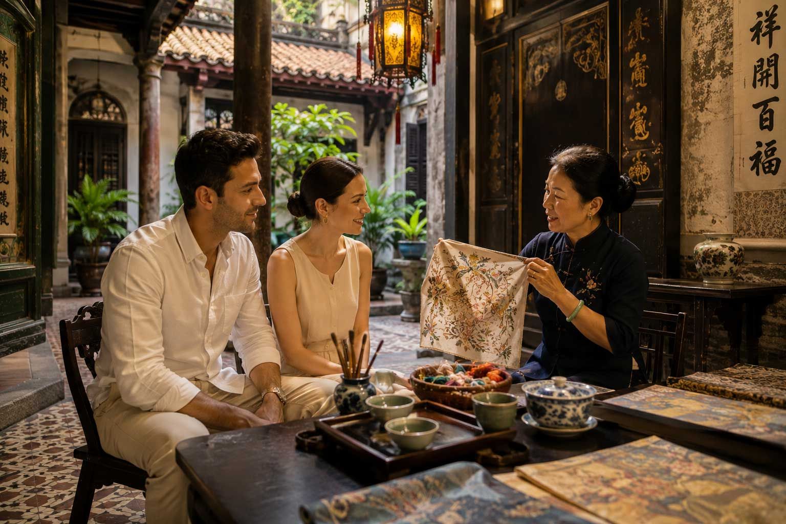 Guests enjoying a private cultural experience within a historic Singapore heritage setting, learning traditional craftsmanship through personal interaction with a local expert.