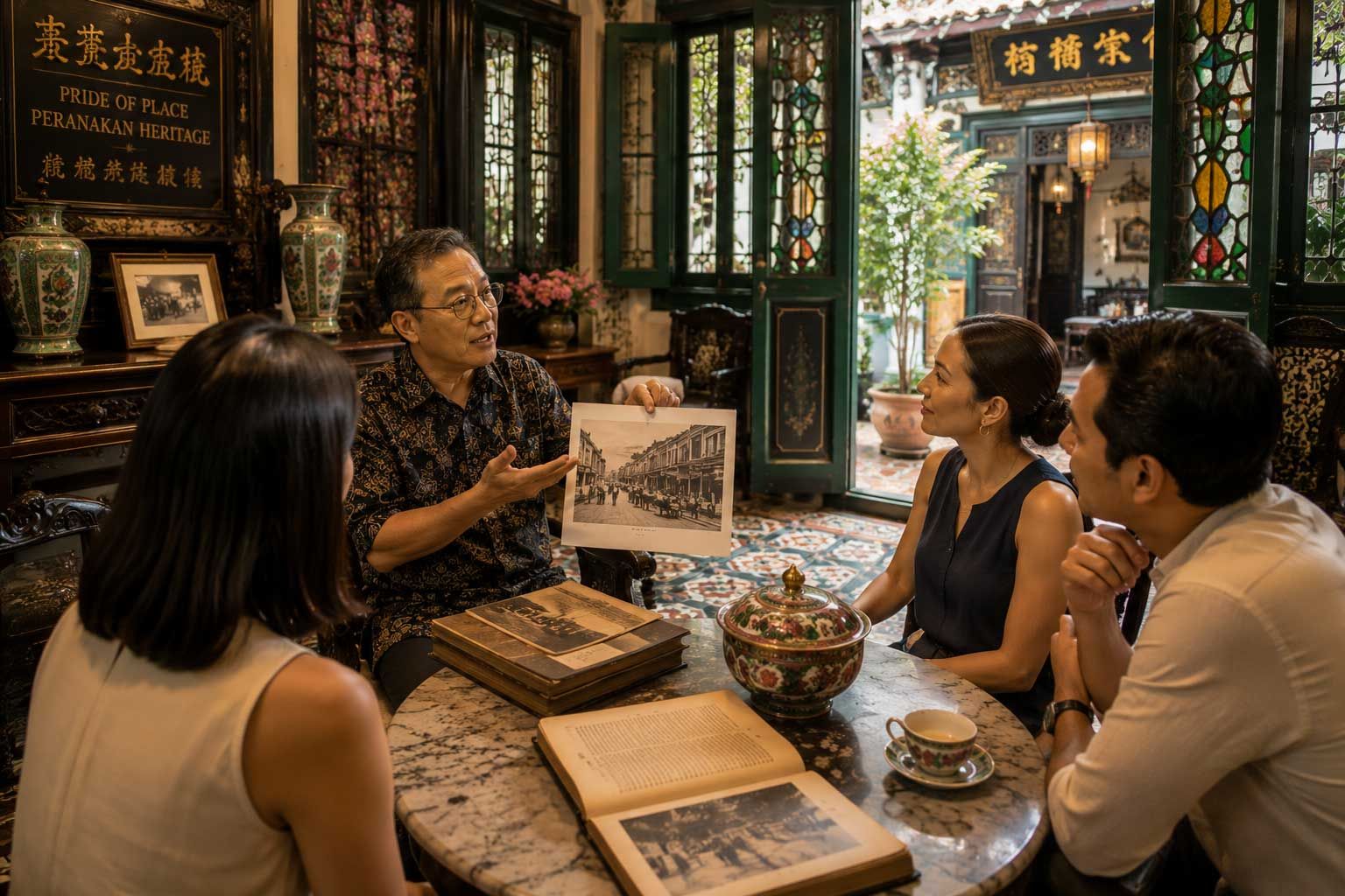 Heritage expert sharing the stories of Singapore’s past with guests inside a historic Peranakan home, offering a deeper understanding of the city’s cultural heritage.