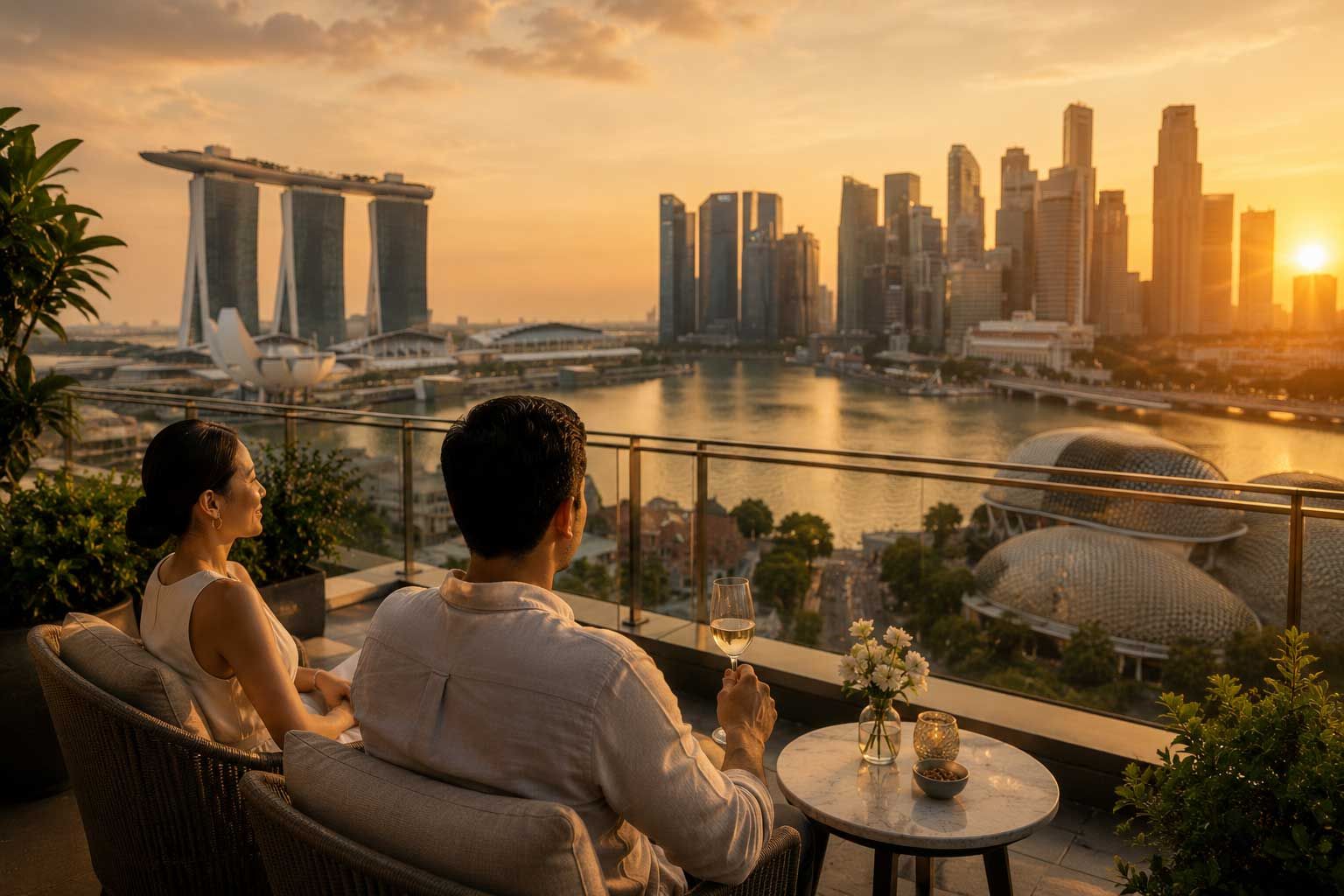 Guests enjoying a private luxury experience overlooking Marina Bay at sunset, embracing the art of slow and meaningful travel in Singapore.