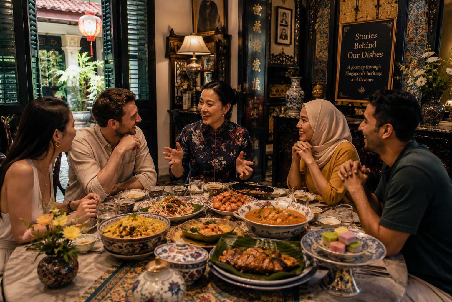 Guests sharing a heritage-inspired dining experience while discovering the stories, traditions, and cultural influences behind Singapore’s diverse cuisine.