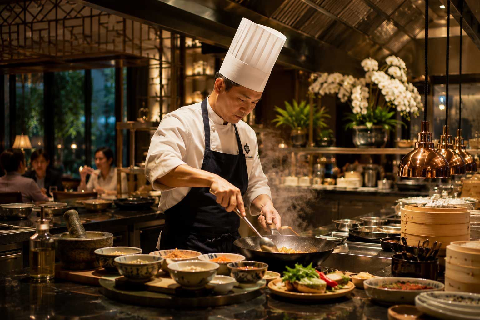 Chef preparing Singapore-inspired cuisine in an elegant open kitchen, showcasing the artistry behind the city’s culinary traditions.