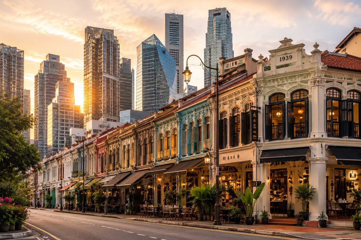 Heritage shophouses and modern skyscrapers standing side by side, reflecting Singapore’s unique blend of history and progress.