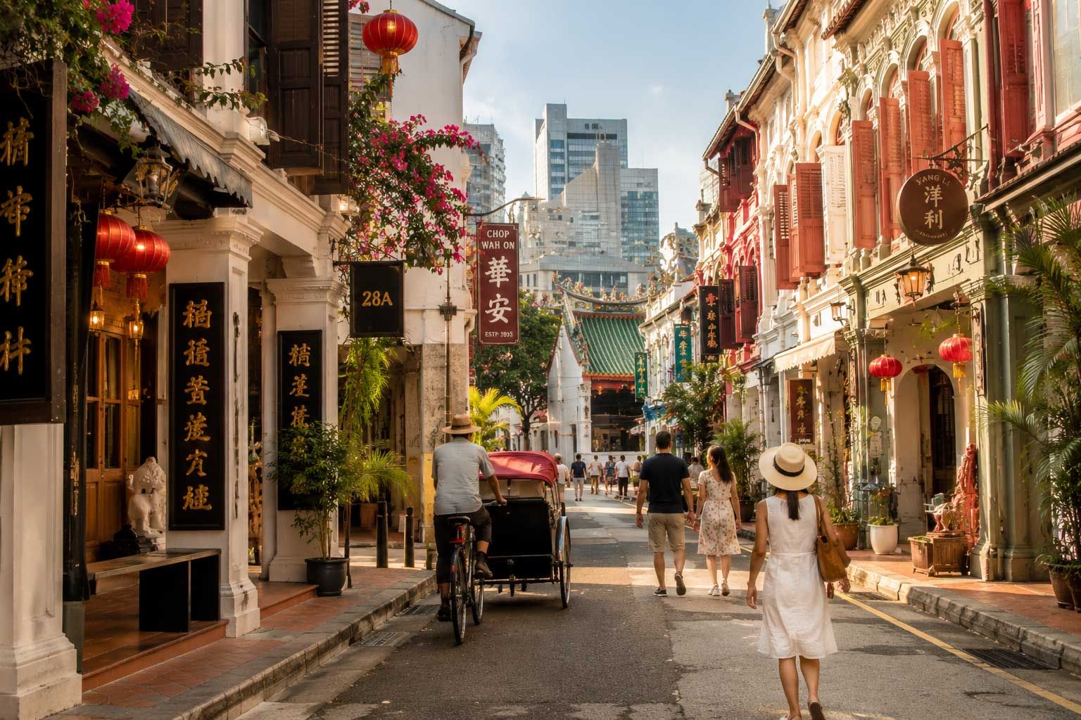 Heritage street in Singapore featuring traditional shophouses, cultural landmarks, and visitors exploring the district.