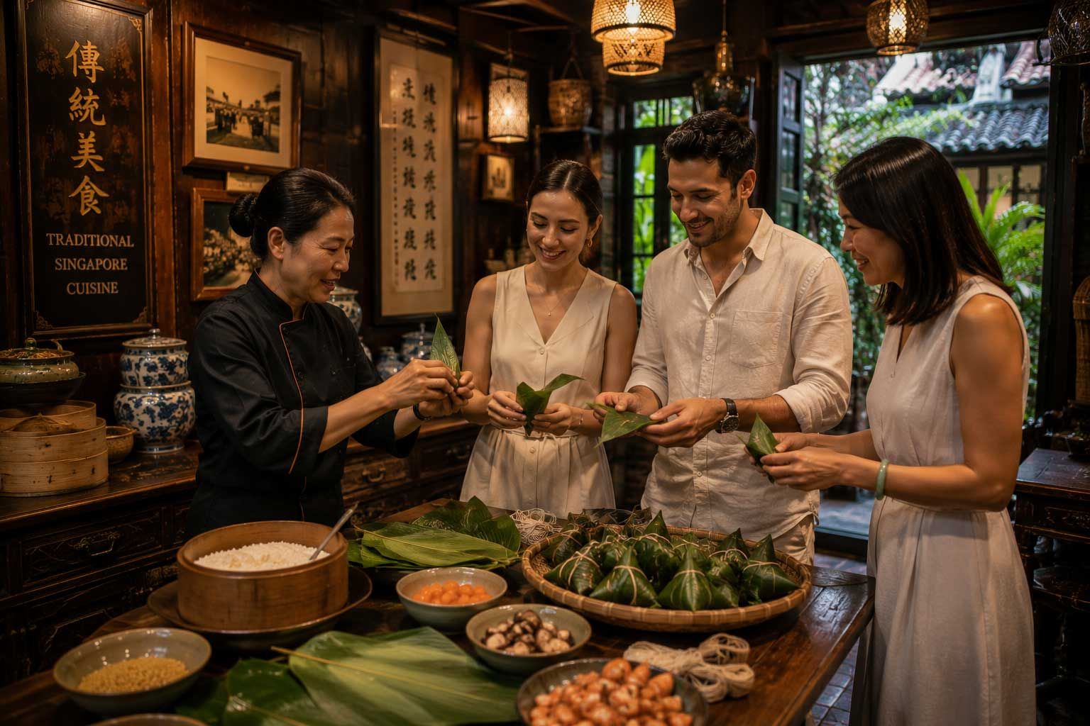 Guests participating in a private Singapore culinary workshop, learning traditional recipes and cultural traditions through a hands-on cooking experience.