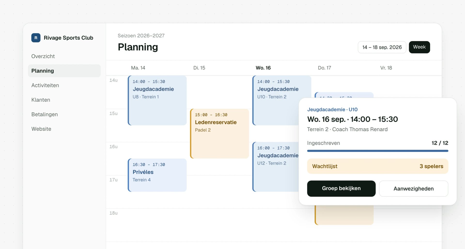 Weekplanning van de lessen