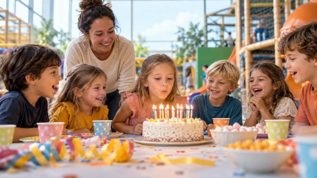 Des enfants autour d’un gâteau d’anniversaire dans une salle de jeux