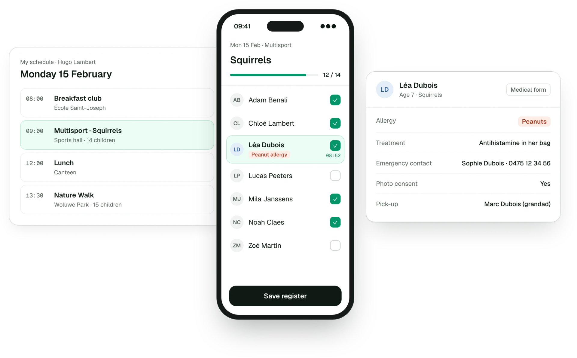 Groups and registers on a coach's phone
