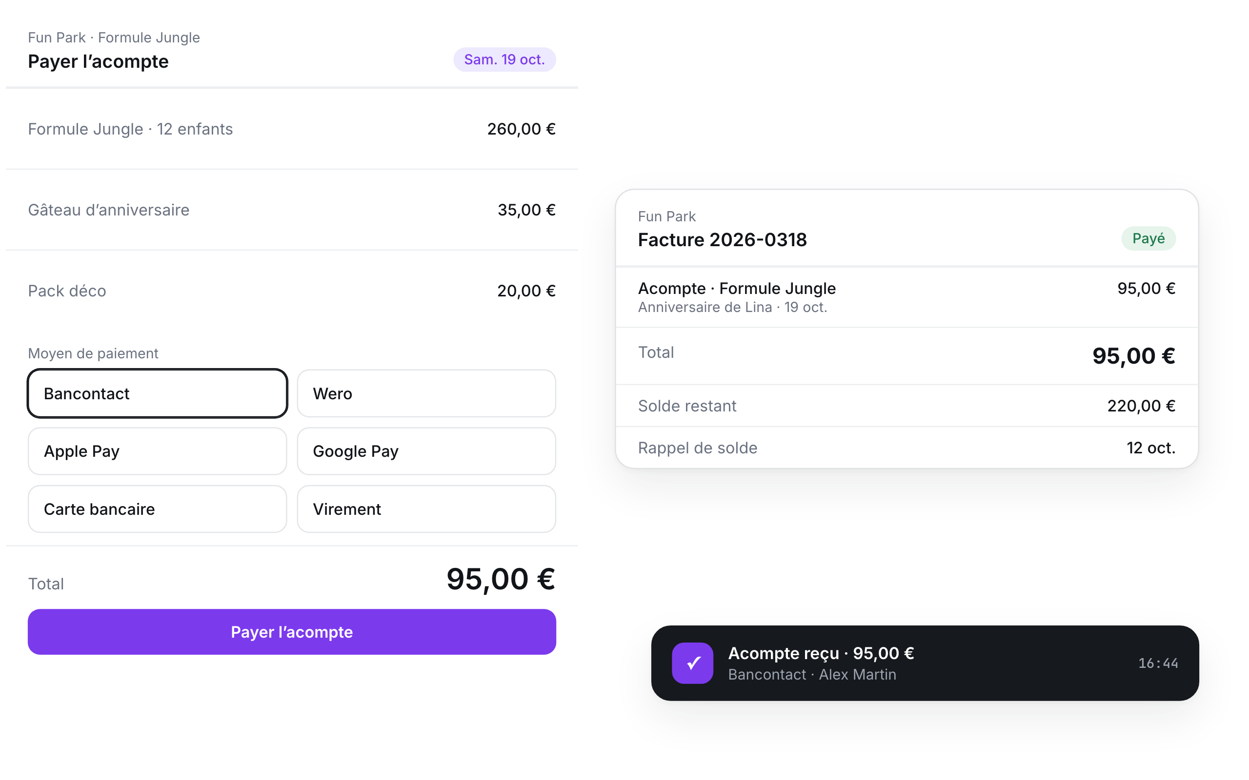 Paiement de l’acompte en ligne