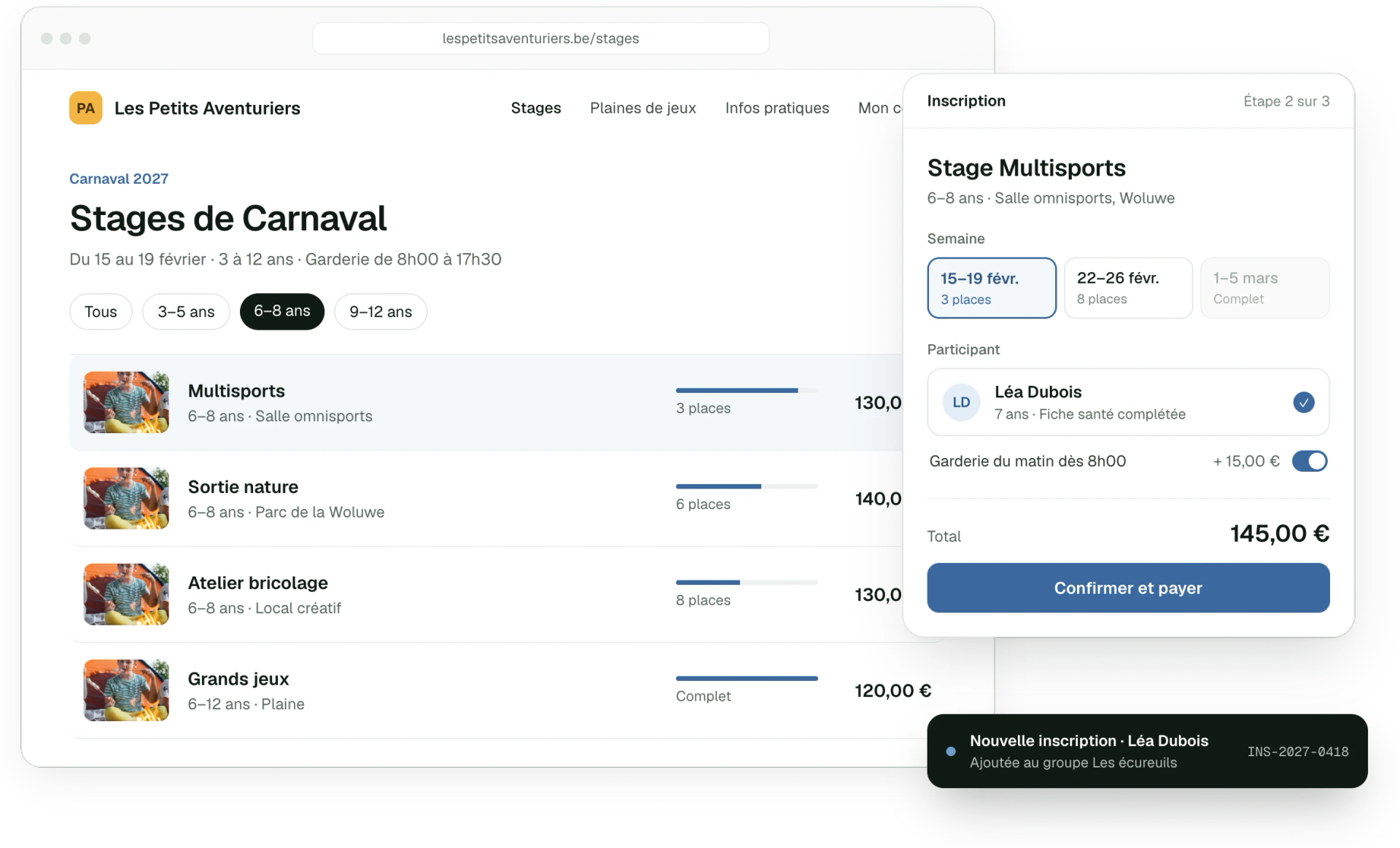 Inscription en ligne à une activité