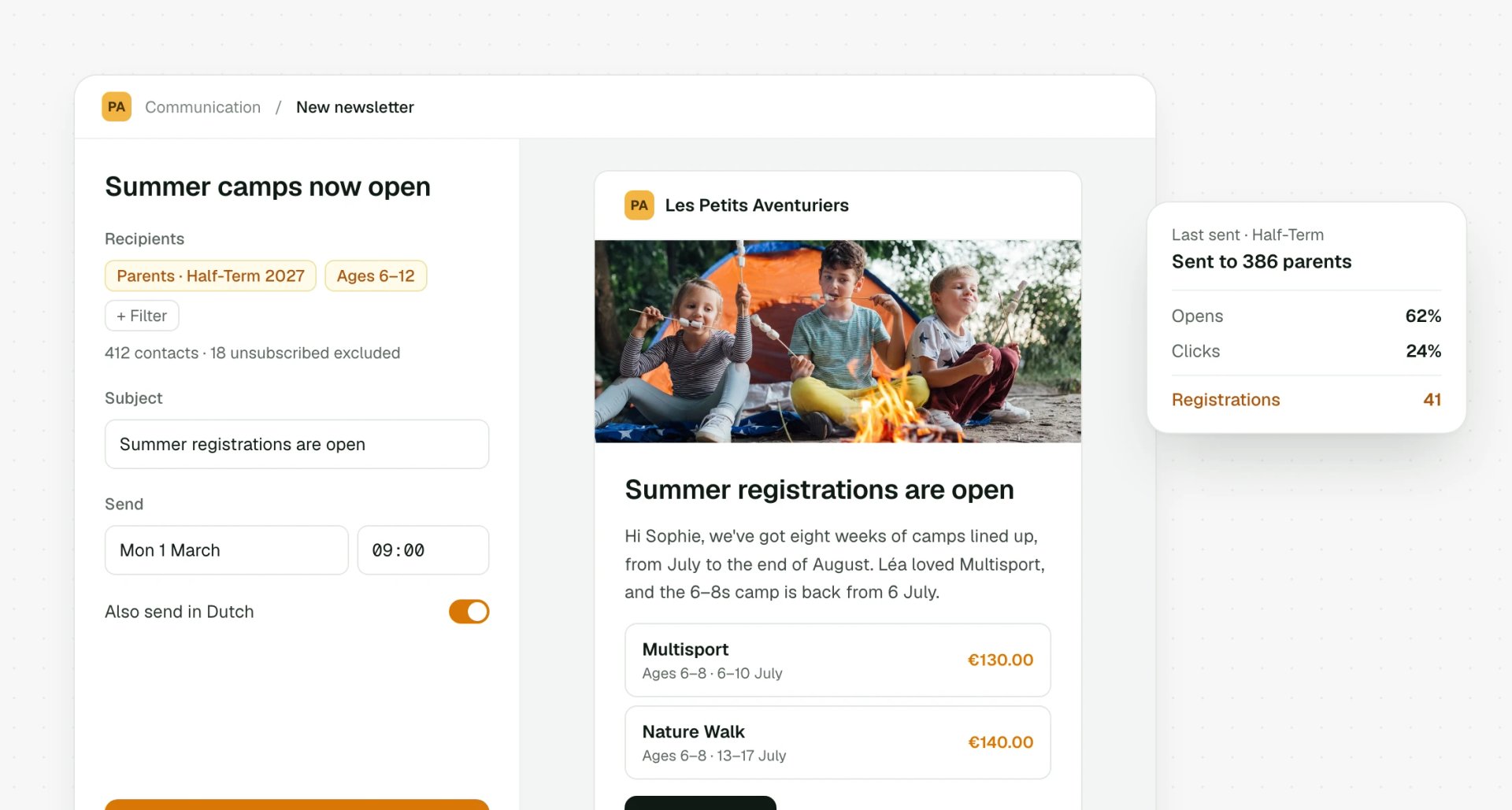 Newsletter editor with a targeted audience and message preview