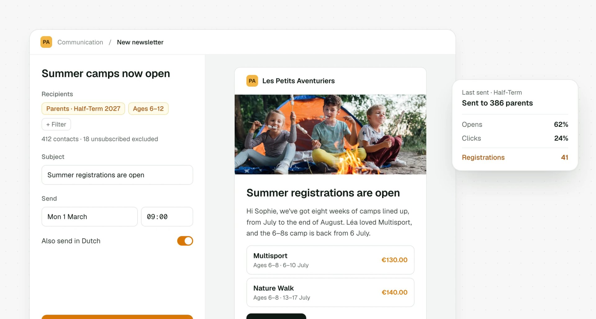 Newsletter editor with a targeted audience and message preview
