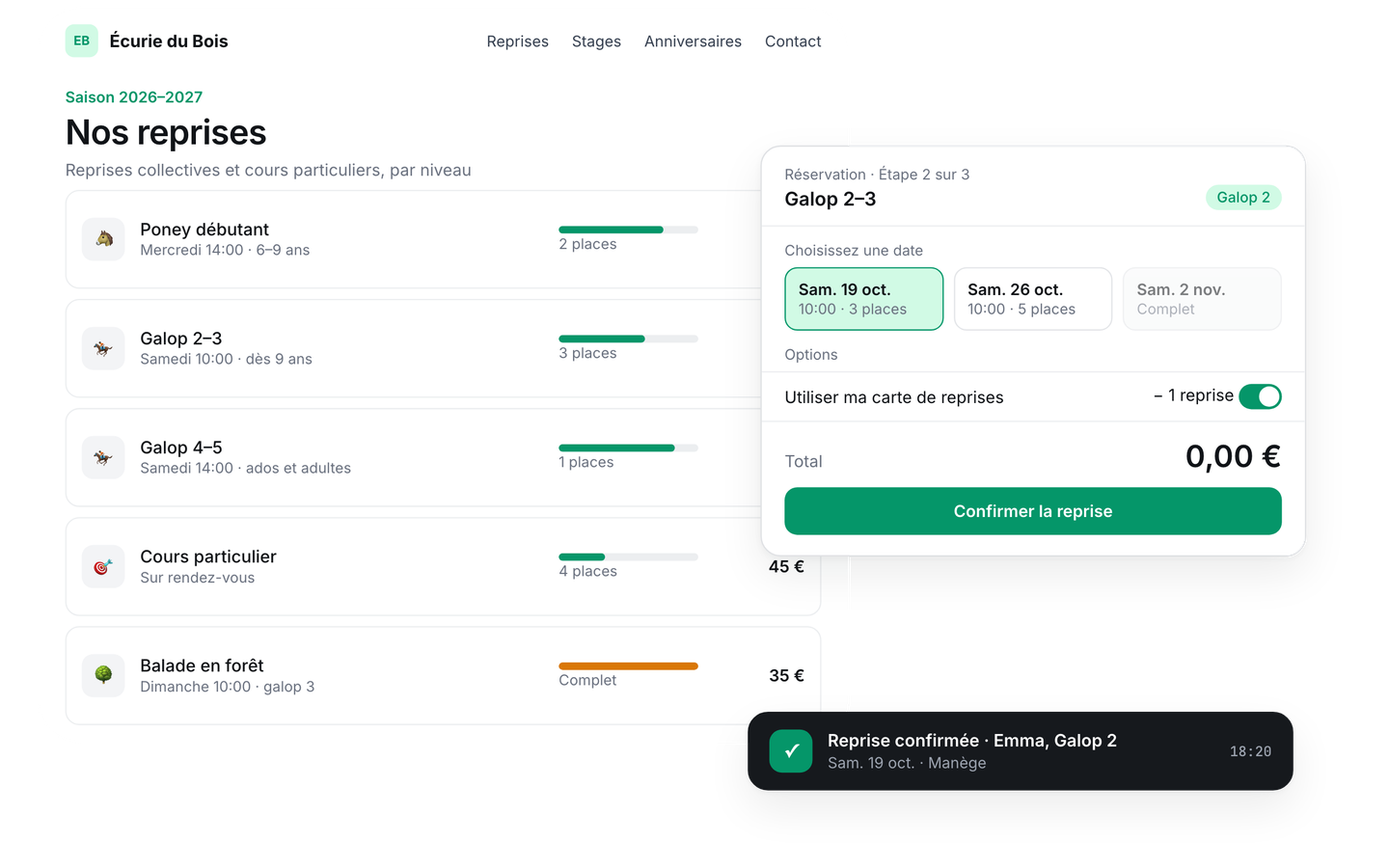 Lessons by level, bookable online