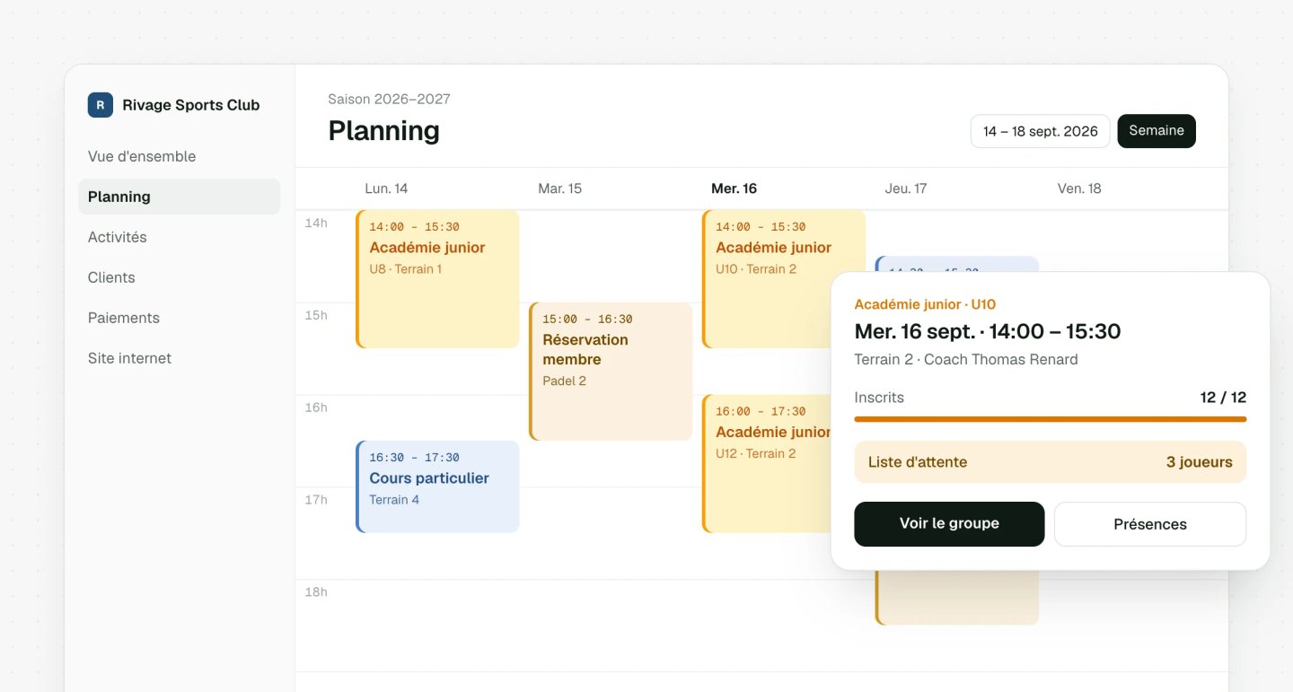 Planning de la semaine avec cours, académie et réservations de terrains