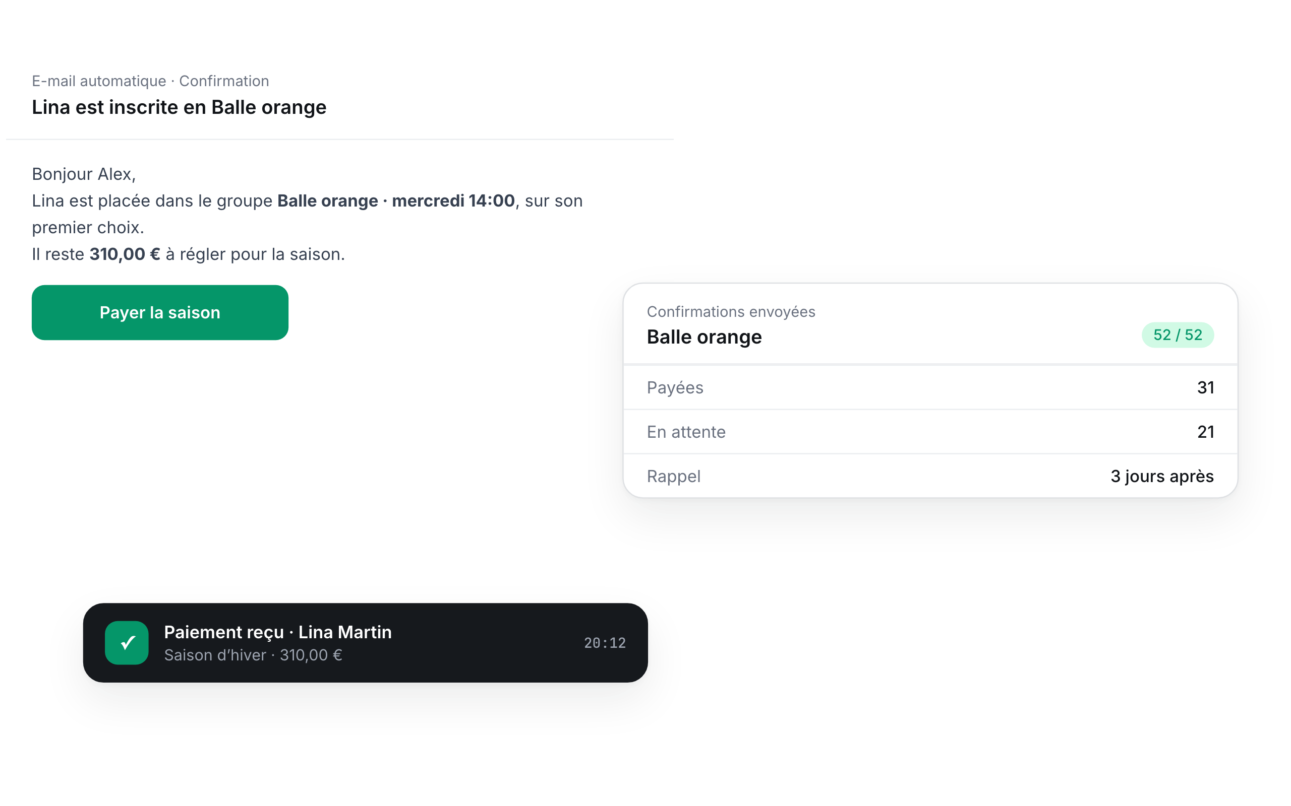 Confirmation and payment request sent to every family