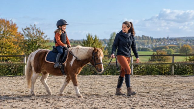 Une monitrice guide un enfant à poney dans une carrière