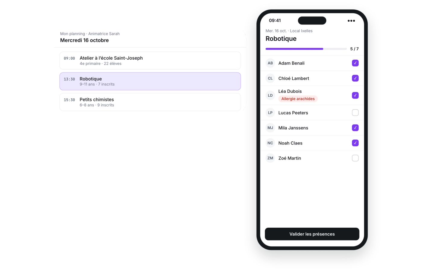 Schedule and registers in the staff app
