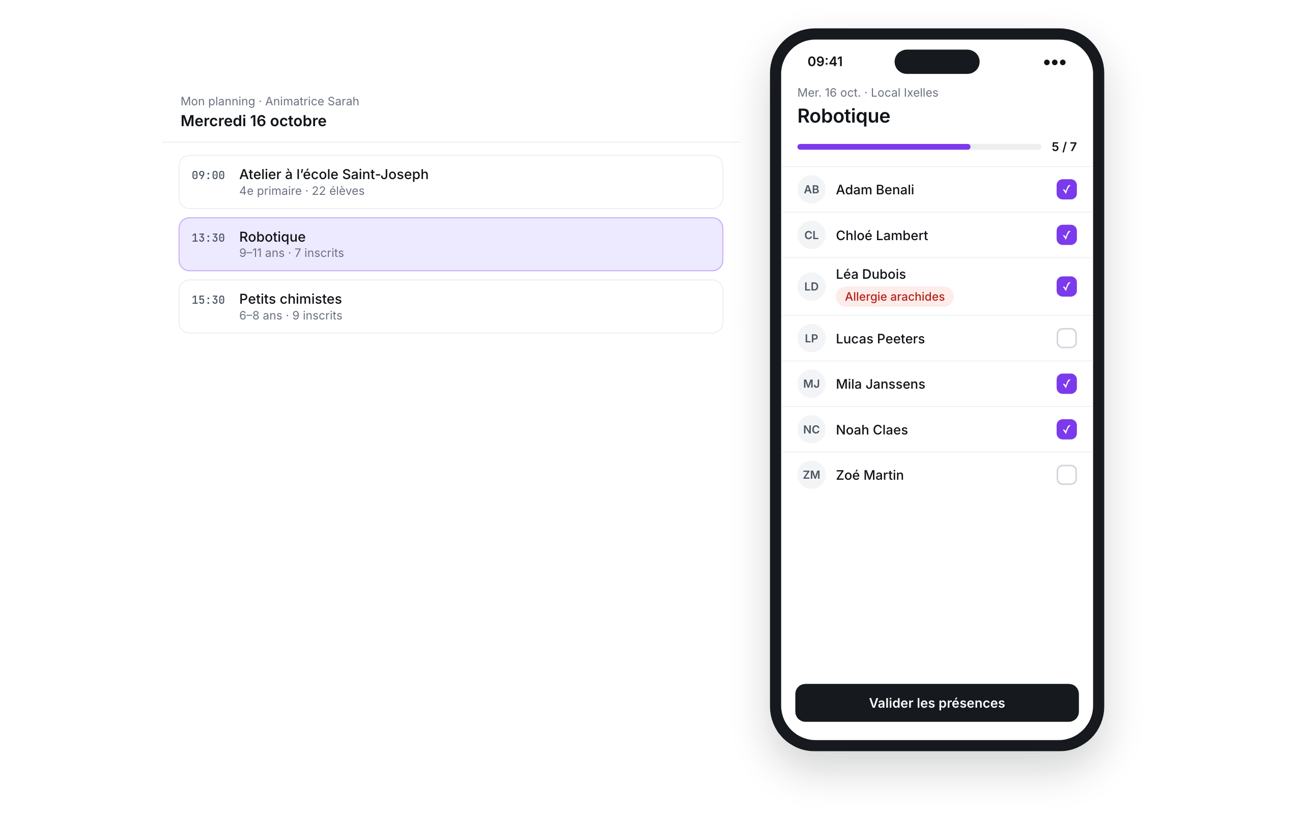 Schedule and registers in the staff app