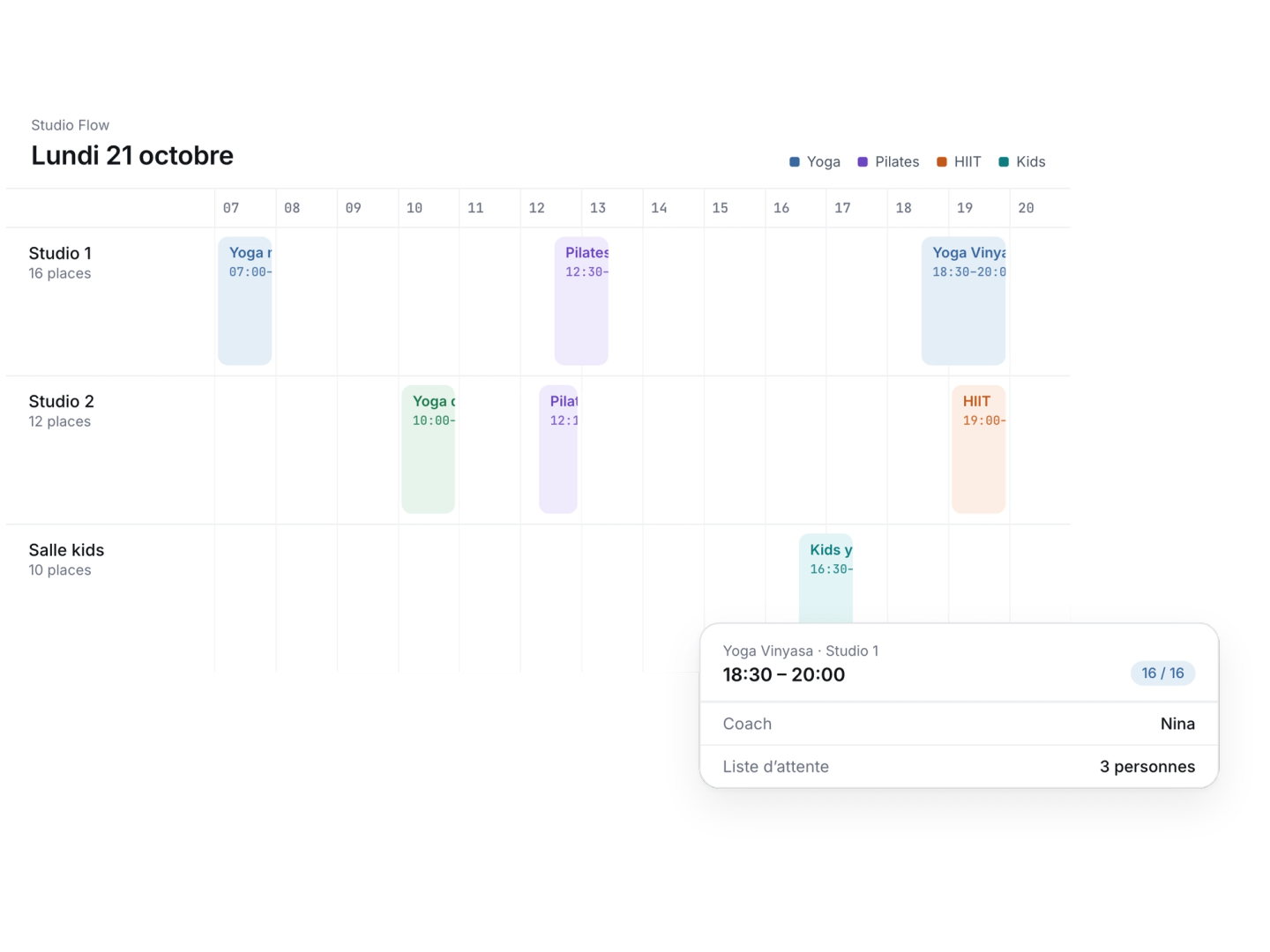 Timetable of every class in the studio