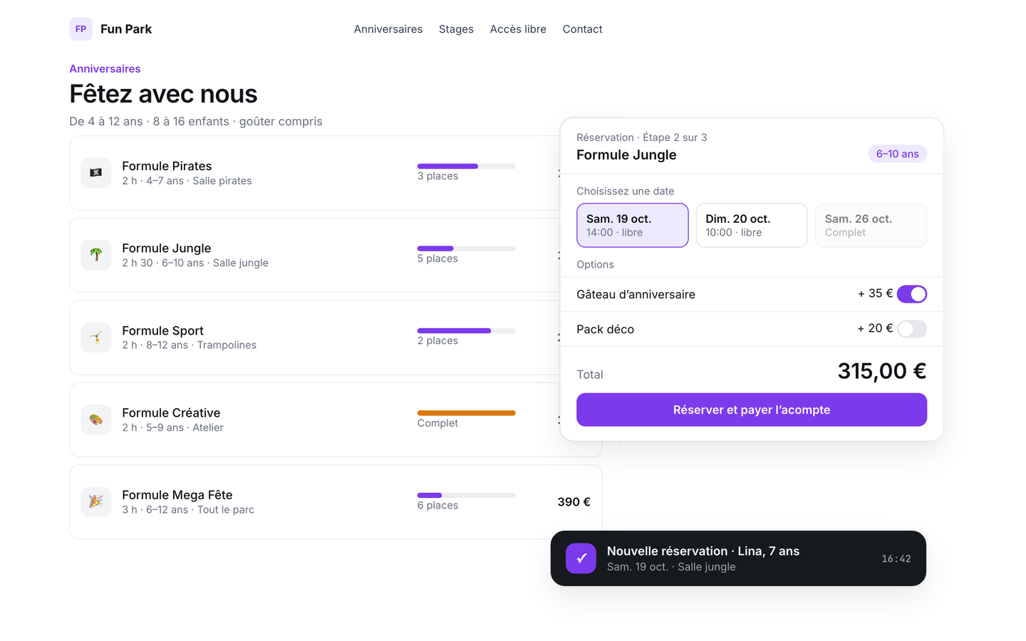 Formules d’anniversaire réservables en ligne