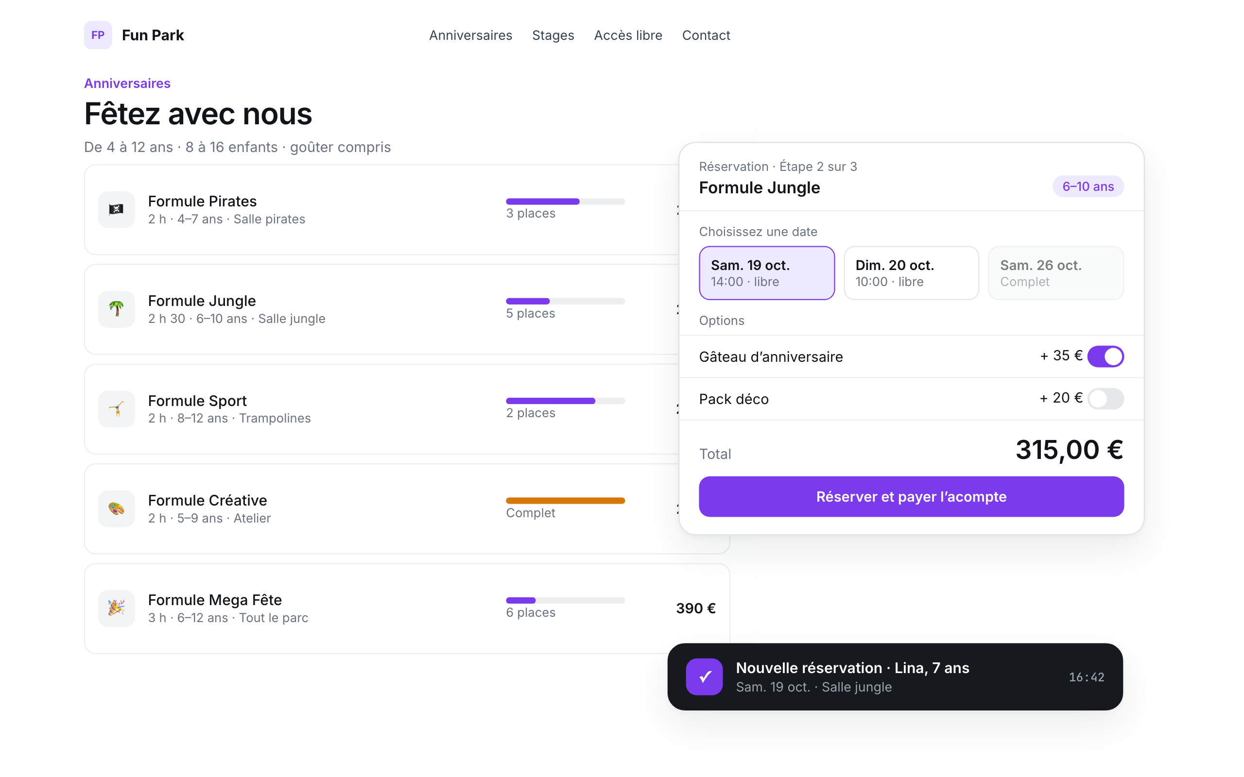 Formules d’anniversaire réservables en ligne