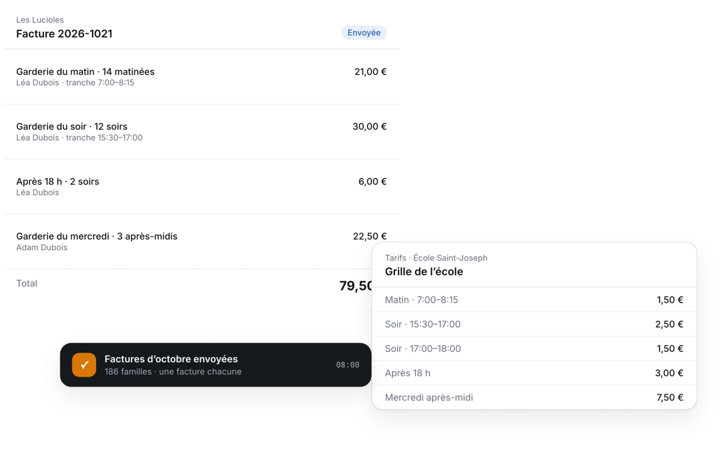 Facture mensuelle calculée à partir des présences