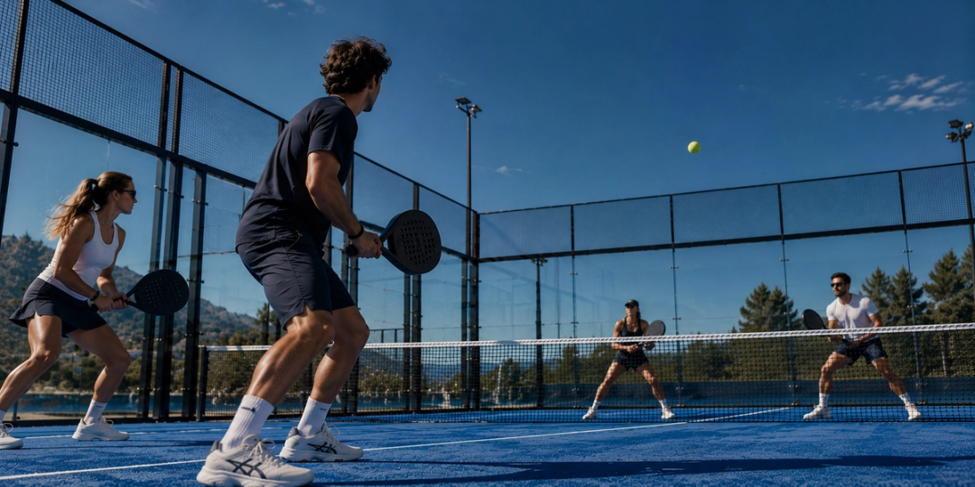 Four players mid-rally on a padel court