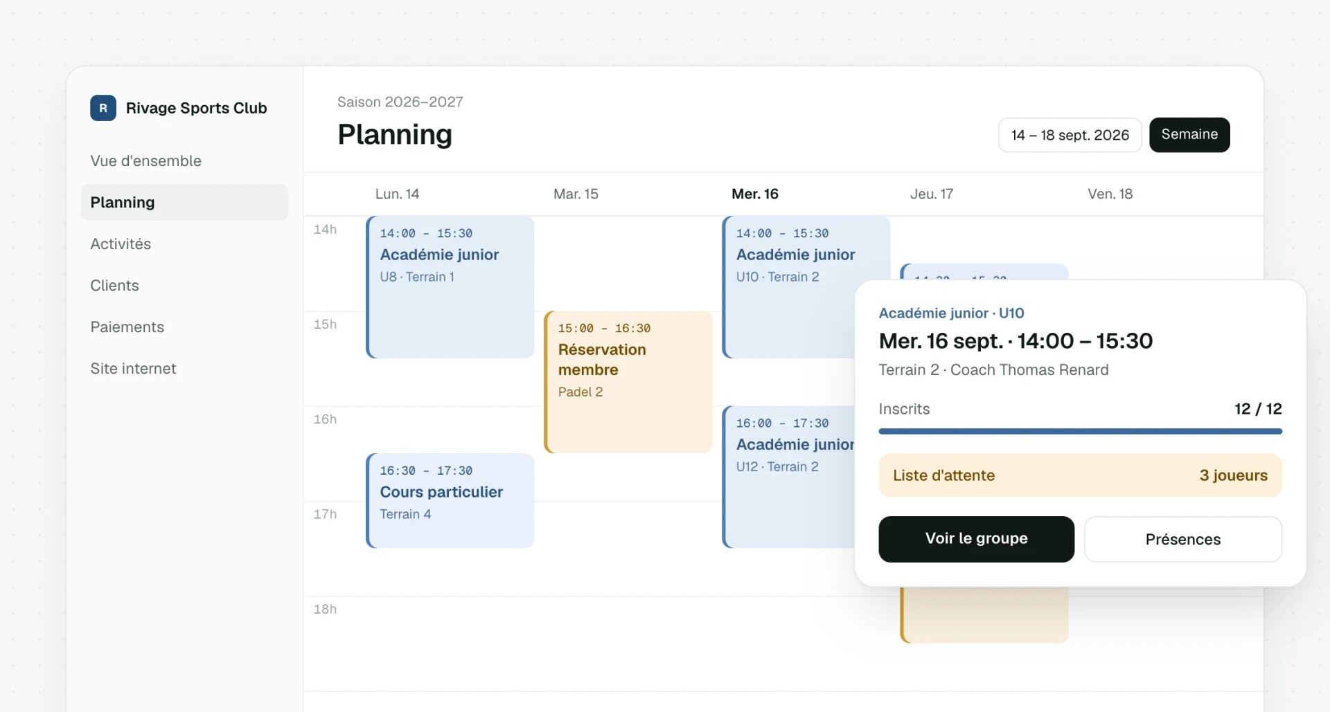 Planning des cours de la semaine