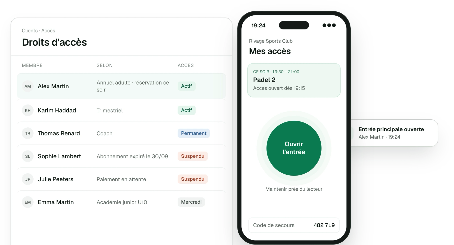 Droits d’accès des membres et ouverture depuis le téléphone